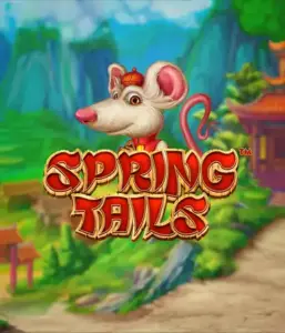 An enchanting illustration of a mouse wearing a red traditional Chinese outfit standing in a picturesque mountain backdrop. The image is for the Spring Tails Slot by Betsoft, showcased with bold gold and red logo text.