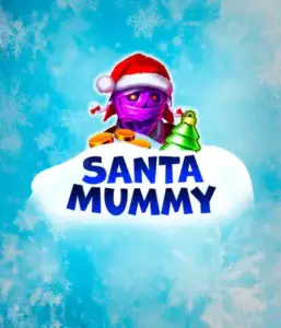  Experience the whimsical "Santa Mummy" slot game by Belatra, showcasing a Santa-clad mummy dressed in festive holiday attire. This colorful image presents the mummy with a vivid purple hue, wearing a Santa hat, against a backdrop of snowy blue and frosty snowflakes. The game's title, "Santa Mummy," is prominently displayed in large, frost-like blue letters.